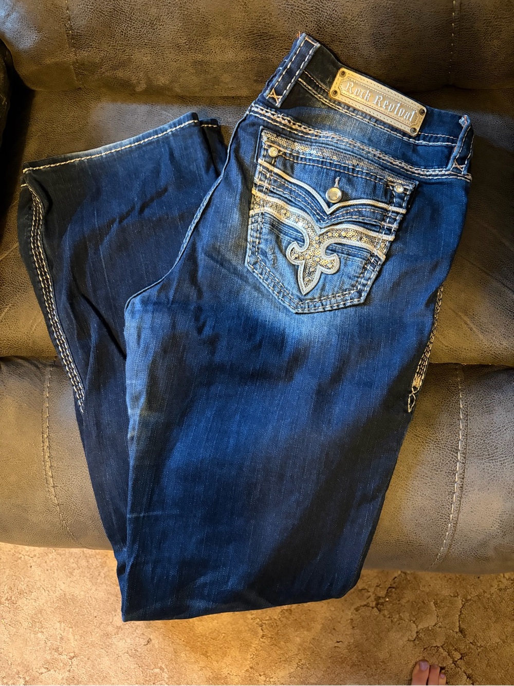 Rock Revival Women's Dark Blue Bootcut Jeans with Embellished Back Pockets